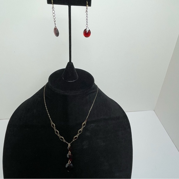 Victorian Gold Tone and Dark Red Necklace and Earring Set - Picture 3 of 11